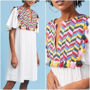 Anthropologie XS Whit Two Bette Flutter-Sleeve Embroidered Tassel Mini Dress